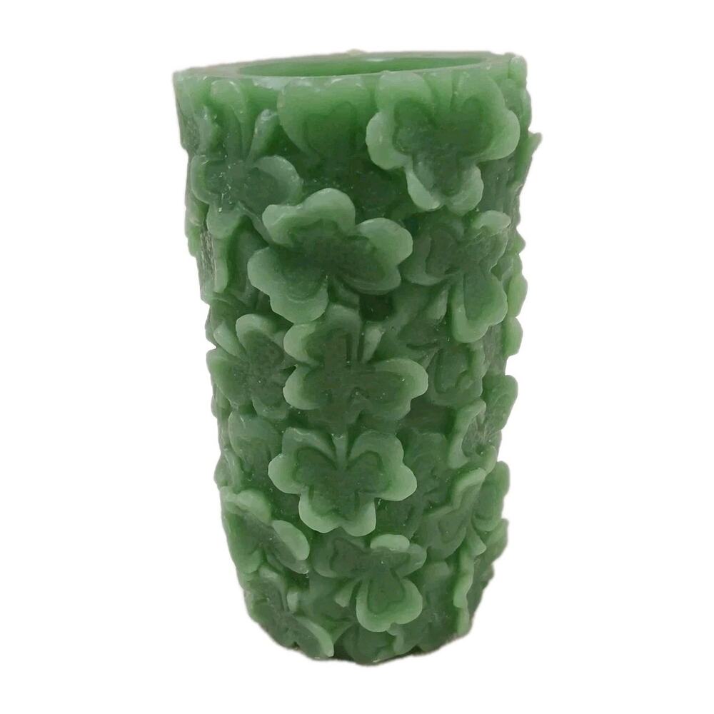 1970 St. Patrick Irish Clovers 6" Candle Lucky Green Carved Mid Century Vintage